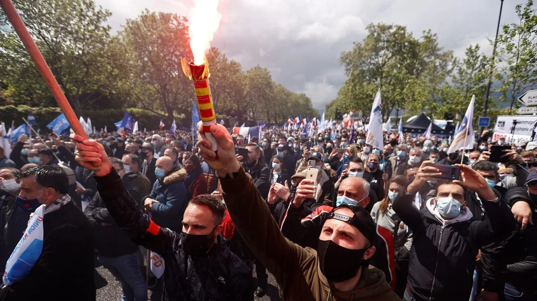 File photo: French police protest daily violence, some boo interior minister