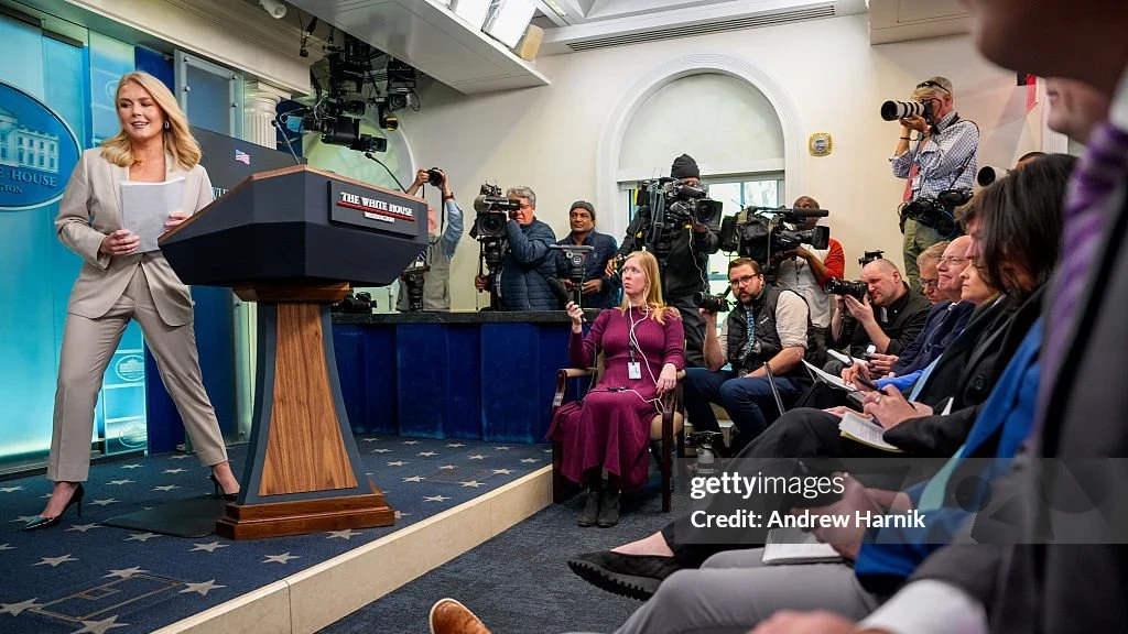 File photo: White House press secretary Karoline Leavitt departs the daily pr…